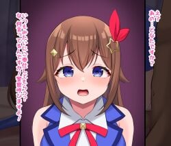 1boy 1girl absurdres bare_shoulders blue_eyes blue_shirt blush brown_hair censored commentary_request hair_between_eyes hair_ornament hair_ribbon hairclip highres hololive long_hair looking_at_viewer mosaic_censoring multiple_views open_mouth penis raised_inner_eyebrows ramkilog red_ribbon ribbon shirt sleeveless sleeveless_shirt solo_focus star_(symbol) star_hair_ornament tokino_sora translation_request upper_body variant_set virtual_youtuber