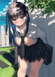 1girl absurdres arms_behind_back bag bangs beach black_hair black_skirt blue_eyes blue_hair blue_sky blunt_bangs blurry blurry_background blush bokeh breasts breasts_out closed_mouth cloud cloudy_sky collarbone collared_shirt colored_inner_hair day depth_of_field dress_shirt grass highres horizon kneehighs leaf leaning_forward long_hair looking_at_viewer melonbooks miniskirt multicolored_hair necktie nipples ocean one_side_up open_clothes open_shirt original outdoors pleated_skirt ranf school_bag school_uniform shirt short_sleeves shoulder_bag sidelocks skirt sky smile socks solo tree water white_shirt wing_collar