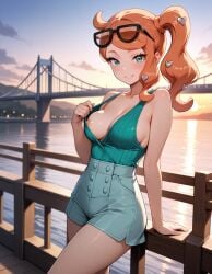 1girl ai_generated aqua_eyes bare_arms bare_shoulders big_breasts blush breast_slip bridge crop_top denim_shorts detailed_background eyewear eyewear_on_head flashing flashing_breasts heart_hair_ornament looking_at_viewer nipples orange_hair outdoors outside pokemon seductive seductive_smile solo solo_focus sonia_(pokemon) sunset teasing teasing_viewer water