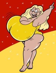 2026 2d_(artwork) armpit bargsilona bbw big_breasts buckteeth cleavage darla_doofrain_(bargsilona) golden_swimsuit golden_week long-haired_female looking_at_viewer one_arm_up one_piece_swimsuit open_mouth pointing_up smiling_at_viewer solo_female swimsuit tan_lines tan_skin tanned_female thighs tight_swimsuit