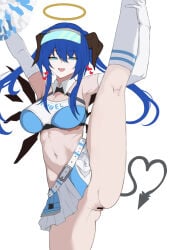1girl arknights bar_censor black_horns black_wings blue_eyes blue_hair breasts censored cheerleader cosplay demon_horns demon_tail detached_wings halo heart heart_tail highres holding holding_pom_poms horns large_breasts long_hair looking_at_viewer miniskirt mostima_(arknights) navel nekomuuuuuuu no_panties pom_pom_(cheerleading) pussy simple_background skirt smile solo split standing standing_on_one_leg standing_split stomach tail tank_top two-tone_tank_top visor_cap white_background white_skirt white_tank_top wings wulfenite_(arknights) wulfenite_(arknights)_(cosplay) wulfenite_(bouncing_rhythms)_(arknights)