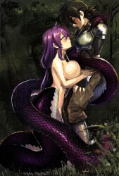 147 2girls armor black_gloves black_hair blush breasts closed_eyes closed_mouth commentary_request cum ejaculation fingerless_gloves forced_orgasm futa_with_female futanari gloves grass highres implied_futanari lamia long_hair looking_at_another monster_girl multiple_girls open_mouth orgasm original outdoors paizuri purple_hair scales short_hair snake_bondage topless_female