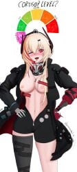 1girls alternate_version_at_source alternate_version_available bandana big_breasts blonde_hair blush breasts breasts_out clothing cortisol_(meme) english_text feet_out_of_frame female female_only girls'_frontline girls'_frontline_2:_exilium large_breasts long_hair looking_at_viewer m4_sopmod_ii_(girls'_frontline) mechanical_arm multicolored_hair navel nipples one_eye_closed open_clothes open_mouth red_eyes red_hair single_thighhigh soppo_(girls'_frontline_2) text thighhighs tongue tongue_out