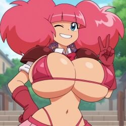 1girls 2025 ai_art ai_generated areola_slip armpits arms_behind_head arms_up bikini_armor blue_eyes boots bowtie breasts brown_boots female female_focus female_only gigantic_breasts hands_behind_head hands_on_hips hands_up happy high_guardian_spice hourglass_figure house human looking_at_viewer nipple_bulge pink_armwear pink_bikini pink_bowtie pink_gloves pink_hair rosemary_(bikini_warrior) rosemary_(high_guardian_spice) sexy shoulder_pads smile smiling smiling_at_viewer street sword sword_behind_back wide_hips