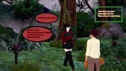 approaching black_hair comic dark-skinned_male forest future imminent_sex koikatsu milf oscar_pine raven_branwen red_eyes