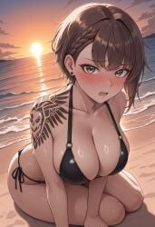 1girls ai_generated beach bikini breasts brown_eyes brown_hair delta_(nikke) female female_only goddess_of_victory:_nikke large_breasts looking_at_viewer on_knees