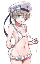 1girl 1girls background bikini bikini_bottom bikini_top blank_background brown-haired_female brown_hair character_request eyebrows_visible_through_hair flat_belly flat_breasts flat_chest flat_chested game_character green-eyed_female green_eyes inguinal_crease inguinal_ligament kantai_collection konnyaku_(kk-monmon) legs_closed legs_together looking_sideways looking_to_the_side monotone_background one_color_background open_mouth open_mouth_smile parted_lips petite petite_body petite_breasts petite_female petite_girl petite_tits plain_background smooth_chest solid_color_background swimsuit swimwear thighs_together tongue video_game video_game_character video_games white_background white_bikini white_bikini_bottom white_bikini_top white_swimsuit white_swimwear