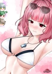 1girls alternate_version_at_source alternate_version_available armpits arms_up belka_(girls'_frontline_2) big_breasts bikini bikini_top blush breasts chibi female female_commander_(girls'_frontline) female_only g28_(girls'_frontline) girls'_frontline girls'_frontline_2:_exilium gosofia2 hk416_(girls'_frontline) klukai_(girls'_frontline_2) lainie_(girls'_frontline_2) large_breasts looking_at_viewer navel pink_hair red_eyes short_hair sunglasses sunglasses_on_head sweat sweatdrop ump40_(girls_frontline) upper_body