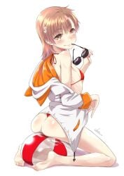 1girl animal_hood ass asymmetrical_bangs ball_(object) beach_ball big_butt bikini blush blushing_at_viewer brown_eyes brown_hair cat_hood cat_hoodie compressed feet flat_chest flower hair_flower hair_ornament highres holding holding_removed_eyewear hood hoodie inflatable kneeling looking_at_viewer looking_back misaka_mikoto okara on_ball open_clothes open_hoodie pool_toy red_bikini signature simple_background sitting sitting_on_ball sitting_on_beach_ball small_breasts solo solo_female squish squishing sunglasses swimsuit toaru_majutsu_no_index unworn_eyewear white_background