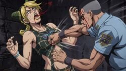 1boy 1girl 1girl1boy 1girls blood_in_mouth blood_on_face damaged defeated defeated_heroine eyes_closed eyes_rolling_back female female_dominated female_domination female_focus femsub forced forced_submission green_hair hitting hitting_breasts injured jojo's_bizarre_adventure jojo_no_kimyou_na_bouken jolyne_cujoh jolyne_kujo knocked_out male_dominating_female male_domination medium_boobs medium_breasts medium_tits pain passed_out prison prison_guard prison_uniform punch punching punching_breasts ryona sleeping spit spitting spitting_blood strong_female strong_woman sweat sweatdrop sweating sweaty tied_hair unconscious unconscious_female westwood white_eyes