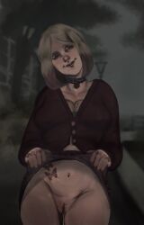 1girls beauty_mark beauty_mark_on_breasts blonde_female blonde_hair bottomless_female choker clothed_female exposed_pussy maria_(silent_hill) pussy pussy_juice pussy_juice_string silent_hill skirt_lift solo solo_female stinkshanoalova tattoo tattoo_on_belly tattoos