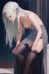 1girls bare_arms bare_shoulders black_panties black_thighhighs breasts brown_shoes brown_thighhighs cleavage collarbone downblouse dress earrings edelgard_von_hresvelg female fire_emblem fire_emblem:_three_houses grey_dress hair_ribbon high_heels highres indoors jewelry lace_trim long_hair looking_at_viewer miura-n315 necklace no_bra off_shoulder panties purple_eyes ribbon shoes side_slit small_breasts solo spaghetti_strap thighs underwear very_long_hair white_hair