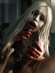 1boy 1girls 3d 3d_(artwork) big_penis blood_in_mouth blood_on_face blood_on_hand blood_stain blue_eyes clothed_female_nude_male female female_focus grey_skin hand_on_penis handjob imminent_rape long_hair male male_pov naked_male nude_male open_mouth penis resident_evil resident_evil_9:_requiem selena_corey silver_hair tagme torusdust wanting_cock zombie zombie_girl