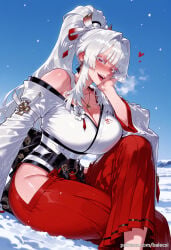 1girl ai_generated balecxi bare_shoulders blush cleavage crossed_legs high_ponytail hip_vent hiyuki_(wuthering_waves) japanese_clothes jewelry large_breasts long_hair looking_at_viewer off_shoulder open_mouth red_hakama sidelocks sitting sky smile snow solo white_hair white_kimono wuthering_waves