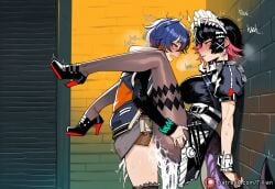 2girls against_wall ai_generated belle_(zenless_zone_zero) black_hair blue_hair blush cum cum_in_pussy ellen_joe futa_with_female futanari high_heels maid maid_headdress multicolored_hair multiple_girls pantyhose pink_hair sex short_hair standing standing_sex tillian zenless_zone_zero