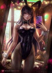 1girls 2024 absurd_res alternate_version_available axsens black_hair black_nails bowtie bunny_costume bunny_ears bunny_girl bunnysuit cleavage cowboy_shot detailed_background fake_animal_ears female female_only hi_res highres holding_object holding_phone hourglass_figure indoors leotard light-skinned_female light_skin long_hair looking_at_viewer medium_breasts mirror mirror_selfie pantyhose phone purple_eyes sakurajima_mai seishun_buta_yarou_wa_bunny_girl_senpai_no_yume_wo_minai selfie slim smartphone smile standing