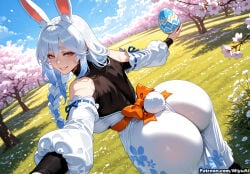 1girl ai_assisted ai_generated animal_ears ass ball bare_shoulders blush bow braid breasts bunny_ears bunny_tail cherry_blossoms curvaceous curvy curvy_female curvy_figure day detached_sleeves easter_egg female from_behind grass grin hololive japanese_clothes kimono long_hair looking_at_viewer looking_back mature_female milf miyuai multicolored_hair obi outdoors pekomama petals sash smile solo tail thick thick_ass thick_butt thick_hips thick_legs thick_thighs tree usada_pekora virtual_youtuber voluptuous voluptuous_female watermark wide_hips wide_thighs