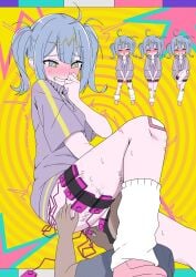 1boy 1girl 1girls blush chibi clentched_teeth closed_eyes clothed clothed_female clothing egg_vibrator eyes_closed female fully_clothed hand_to_own_mouth hatsune_miku japanese_text light-skinned_female light_skin male multiple_poses pulling_clothing pulling_own_clothes sex_toy skirt star sweat tagme tagme_(artist) teeth teeth_clenched teeth_showing telepathy_(vocaloid) text trembling twintails vibrator vibrator_cord vibrator_in_pussy vibrator_under_clothes vocaloid yellow_background