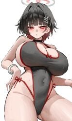 1girl absurdres alternate_hairstyle bangle black_halo blue_archive blunt_bangs blush bracelet breasts bright_pupils choker cleavage commentary covered_navel ear_piercing groin hair_ornament hairclip halo highres jewelry kono_(xerondan321) large_breasts leotard looking_at_viewer piercing red_eyes rio_(blue_archive) short_hair sideboob solo thighs white_pupils