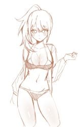 bikini blush canon_genderswap cleavage expressionless female female_only genderswap_(mtf) gintama long_hair looking_at_viewer medium_breasts monochrome okita_sougo okita_souko ponytail rule_63 side_ponytail sketch solo