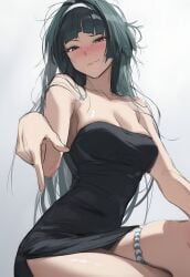 artist_request astra_yao bare_shoulders black_dress blush dominant dress femdom green_hair hairband highres jewelry medium_breasts messy_hair mole simple_background smirk white_background zenless_zone_zero