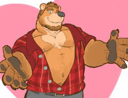 bear beard brown_beard brown_hair derek_honnington_(saltypoundcake) furry looking_at_viewer nipples overweight_male pants shirt simple_background solo spookeedoo tan_body tan_fur