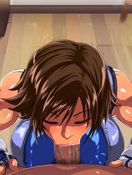 :>= bare_shoulders blue_sports_bra blush breasts brown_hair censored closed_eyes erect_nipples fellatio female fingerless_gloves floor from_above gloves highres huge_breasts jacket jumpsuit kazama_asuka large_breasts lips male_pubic_hair mosaic_censoring muscular_female open_clothes open_jacket oral penis pov pubic_hair puffy_areolae puffy_nipples raburebo shiny shiny_clothes short_hair solo_focus sports_bra standing sweat tekken waguchi_shouka