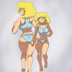 1girls back_view bare_shoulders barefoot belly_button bikini blonde_female blonde_hair blue_bikini blue_eyes blue_eyeshadow blue_panties breasts cleavage clenched_hands earrings eyeshadow female female_focus female_only front_view leon_pazchowder light-skinned_female light_skin lori_loud nickelodeon nicktoons panties short_hair simple_background smile solo solo_female solo_focus teenage_girl teenager the_loud_house walking
