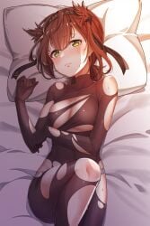 1girls 2d 2d_(artwork) 2d_artwork alternate_version_at_source alternate_version_available average_breasts bed bed_background bed_covers bed_setting bed_sheet bedding bedding_background bedsheets belly belly_button blush_face blushing blushing_at_viewer blushing_female body_stocking bodystocking breasts brown-haired_female brown_bodystocking brown_hair cleavage collarbone curvaceous curvaceous_body curvaceous_female curvaceous_figure curvaceous_hips curvy curvy_body curvy_female curvy_figure curvy_hips digital digital_art digital_drawing digital_drawing_(artwork) digital_media digital_media_(artwork) drawing elbows eyebrows_visible_through_hair female female_focus female_only fingers fit_female flushed flushed_face game_character green-eyed_female green_eyes hairband hatsuzuki_(kantai_collection) head_tilt inframammary_fold kantai_collection knee_up knees konnyaku_(kk-monmon) lean_figure linea_alba long_hair looking_at_viewer looking_up looking_up_at_viewer lying lying_down lying_on_back lying_on_bed medium_breasts midriff more_at_source narrow_waist navel on_back on_bed pillow portrait shoulders skindentation slender_body slender_waist slim_female slim_waist solo stomach thighs tilted_head torn_bodystocking upper_body video_game video_game_character video_games white_bed white_bed_sheet white_bedding white_pillow wide_hips