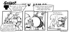 2boys anthro armor ass back_view big_butt blush blushing body_writing butt butt_focus clothed clothing comic dialogue english_text fat_ass from_behind gay mage male male/male male_only presenting_ass presenting_butt spedumon text warrior wizard