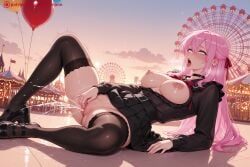 1girl ai_generated arm_support artist_name bangs black_footwear black_legwear black_skirt blue_eyes blush breasts breasts_outside choker clothed_masturbation collarbone eyebrows_visible_through_hair female_ejaculation frills hair_between_eyes hair_ribbon half-closed_eyes hi_res high_quality high_resolution kawaii_dake_ja_nai_shikimori-san kiraamane large_breasts loafers long_hair long_sleeves lying masturbation nipples open_mouth orgasm orgasm_face outdoors patreon pink_hair pussy pussy_juice ribbon saliva saliva_trail seductive sexy shikimori_miyako shoes skirt solo thighhighs tongue tongue_out uncensored watermark