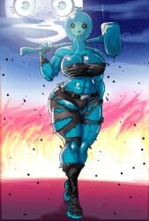 abs black_eyes blue_body boots breasts chupy14 cleavage dot_eyes fit fit_female fortnite holding large_breasts muscular muscular_female pants posing slim_waist slurp_bandolette tagme thick_thighs topwear torn_clothes voluptuous wide_hips