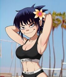 1girls ai_assisted ai_generated armpits arms_up asian big_breasts blacked blacked_clothing breasts cleavage clothed edit female female_only flower gorillaz grok hair_flower navel noodle_(gorillaz) noodle_(humility) outdoors panties public sexy_armpits shadman solo sports_bra