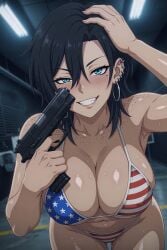 1girls accessories ai_generated american american_female american_flag_bikini bending_over bikini black_hair blue_eyes breasts earrings, female female_focus firearm gun hand_on_head holding_gun holding_pistol holding_weapon looking_at_viewer original_character pistol shooting_range smile smiling tagme weapon