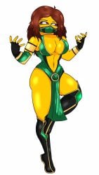 1girls black_boots black_gloves boots breasts brown_hair cosplay female female_focus female_only fingerless_gloves gloves huge_breasts inner_sideboob jade_(cosplay) jade_(mortal_kombat)_(cosplay) lego long_hair looking_at_viewer mortal_kombat netherrealm_studios niya_edits purple_sclera simple_background skimpy skimpy_clothes solo solo_female solo_focus standing standing_on_one_leg thighs white_background yellow-skinned_female yellow_body yellow_skin
