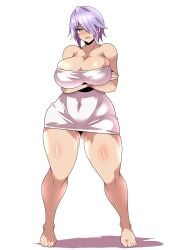 1girl 1girls beauty_mark big_breasts covered_eyes curvaceous curvaceous_female curvaceous_figure curves curvy curvy_body curvy_female curvy_figure curvy_hips cyan_eyes dress feet freckles huge_breasts large_breasts lavender_hair mature mature_female mature_woman maymayuumi olive_carter original original_character short_hair simple_background solo tagme thick thick_legs thick_thighs thighhighs thighs white_dress