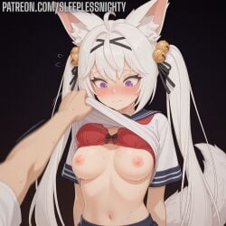 1boy 1girls ai_generated assisted_exposure blush bra breasts embarrassed filian_(vtuber) hi_res high_resolution highres nipples patreon pov purple_eyes shirt_lift sleeplessnighty tagme upper_body vtuber watermark white_hair