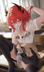 1girls absurd_res alternate_costume arknights arknights:_endfield artist_request black_horns black_skirt black_thighhighs blush bra_visible_through_clothes breasts classroom cleavage demon_girl demon_horns desk food food_in_mouth hair_between_eyes highres horns indoors laevatain_(arknights:_endfield) looking_at_viewer medium_breasts on_desk popsicle purple_eyes red_hair revision school school_desk shirt shy skirt skirt_lift solo surtr_(arknights) sweat thighhighs wet wet_clothes wet_shirt white_shirt