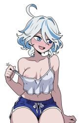 1girl blush blush_lines blushing clothed female furina_(genshin_impact) genshin_impact heterochromia nipples shorts small_breasts smile solo solo_female
