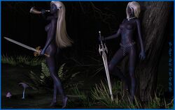 2girls 3d areolae ass breasts casual dark_elf dark_skin drow dungeons_and_dragons eilistraee elf erect_nipples feet female forgotten_realms goddess humanoid hunting long_hair long_legs navel night nipples nude priestess priestess_of_eilistraee purple_skin ritual shiny_skin silver_hair sword tattoo thighs weapon white_hair