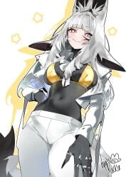 1girls bangs bikini_top bodysuit dya_rikku dya_rikku_(vtuber) fox_ears fox_tail gold_bikini indie_virtual_youtuber jewelry latex_skin smug virtual_youtuber white_hair white_jacket white_pants white_tail