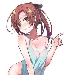 1girl 1girls ashamed average_breasts background black_hair_ribbon black_hair_tie black_ribbon blank_background blue_camisole blush_face blush_lines blushing blushing_at_viewer blushing_female blushing_lines breasts brown-haired_female brown_hair camisole character_request copyright_request embarrassed embarrassed_expression embarrassed_female flushed flushed_face flustered flustered_female green-eyed_female green_eyes hair_ribbon hair_tie head_tilt konnyaku_(kk-monmon) low_res low_resolution lowres medium_breasts monotone_background one_color_background plain_background ponytail posing posing_for_the_viewer ribbon solid_color_background tied_hair tilted_head white_background