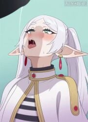 1girl animated animated_gif artist_name blinking blush capelet close-up drooling earrings elf eyelashes floating_earrings frieren green_eyes half-closed_eyes head_back jewelry looking_up ludinsketches non-web_source nose_blush open_mouth penis penis_awe pointy_ears saliva saliva_trail sousou_no_frieren teardrop_earrings thick_eyebrows tongue tongue_out twintails white_capelet white_hair
