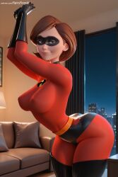 1girl ai_generated ass bodysuit breasts brown_hair city covered_nipples domino_mask helen_parr hi_res high_quality high_resolution large_breasts leotard lips looking_at_viewer mask patreon seductive sexy short_hair smile solo spicytoonai superhero swept_bangs the_incredibles thighhighs uncensored watermark
