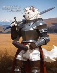 ai_assisted anthro big_balls bottomless canid erection huge_cock katarhein knight male penis poney presenting_penis sword thick_penis veiny_penis white_fur wolf