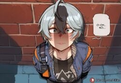 1boy 1girl ahoge ai_generated belle_(zenless_zone_zero) black_hair blue_jacket blush brick_wall english_text green_eyes hair_between_eyes hetero jacket multicolored_hair penis_awe penis_shadow shirt short_hair solo_focus speech_bubble tillian trembling wise_(zenless_zone_zero) zenless_zone_zero