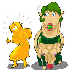 2014 alternate_species anthro ball_gag balls blue_eyes blush breasts clothed clothing dickgirl dorse dress duo equine female flaccid footwear gag gagged green_hair hair humanoid hylian intersex malon mammal minigun_(artist) nintendo nipples ocarina_of_time penis queen's_stallion saddle saria shoes short_hair simple_background standing surprise the_legend_of_zelda thetransformtentacle twig video_games what white_background