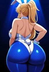 1girl 1girls ai_generated artoria_pendragon artoria_pendragon_(swimsuit_ruler) ass ass_focus back_view big_ass big_ass_(female) bunny_costume bunny_ears bunny_ears_headband bunny_girl bunny_tail bunnysuit fate/grand_order fate_(series) female female_focus female_only fishnet_pantyhose mrnails pantyhose rear_view simple_background solo solo_female