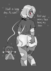 anus_peek ass_focus bandages crocodilianbooty english_text imminent_facesitting konno_junko looking looking_back mizuno_ai monochrome patchwork_skin sparkles yuri zombie_girl zombie_land_saga