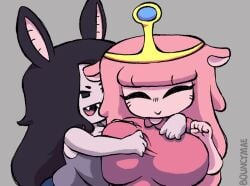2026 2d 2girls adventure_time animated big_breasts black_eyes black_hair bouncymae breasts breasts_out bunny_ears cartoon_network cleavage clothed clothing female female_only forced_exposure grey_body hair headwear jiggling_breasts marceline pasties pink_body pink_eyes pink_hair princess_bubblegum ripping_clothing sharp_teeth tearing_clothes tiara